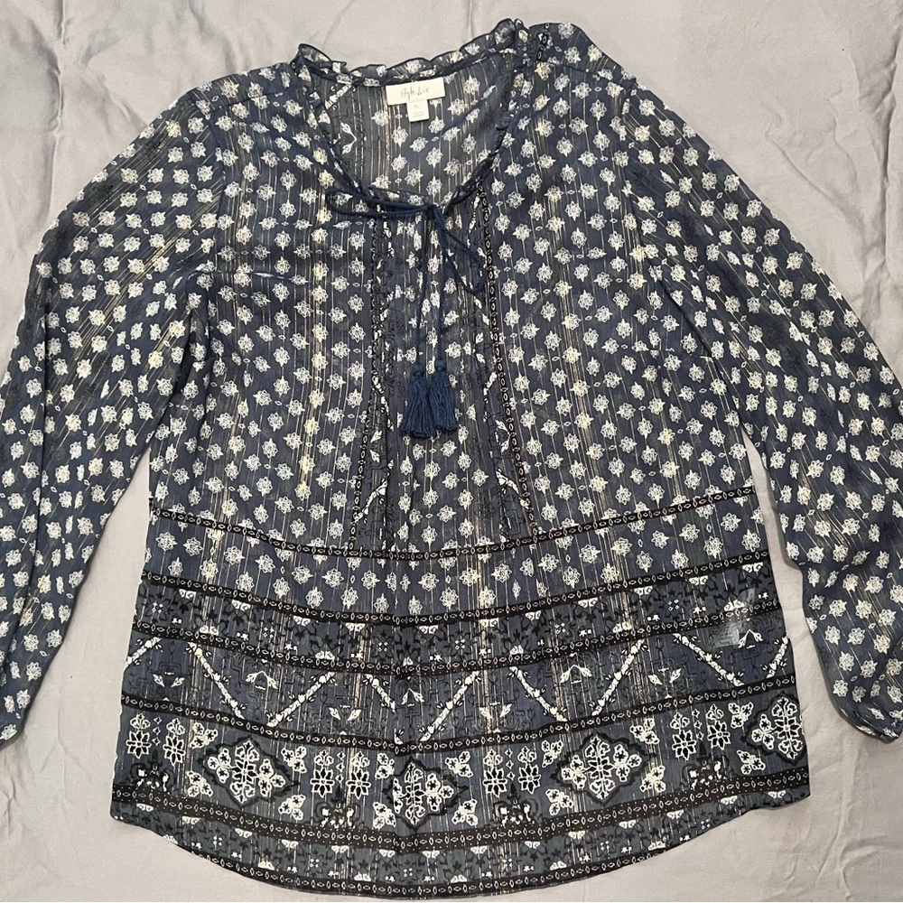 Style & Co. Blue and White Patterned Blouse